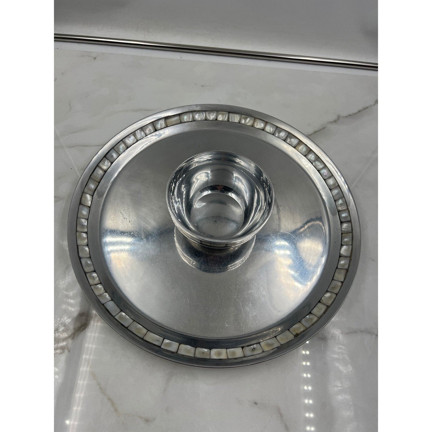Towle Silversmiths Chip and Dip Serving Set Mother of Pearl Inlay Metal Platter
