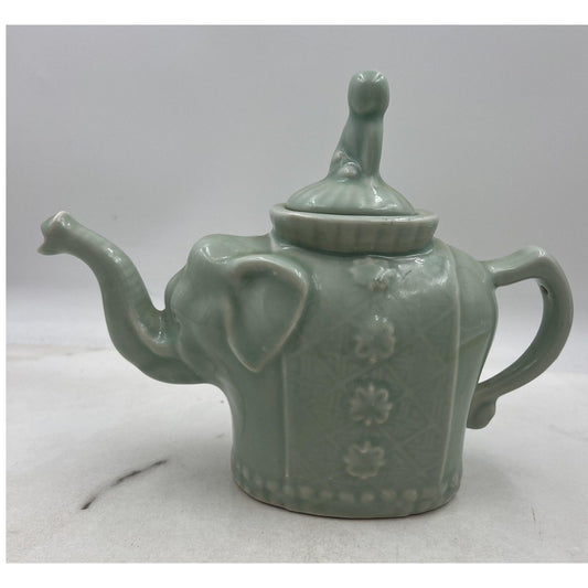Celadon Porcelain Elephant Teapot Figural Lidded Pot Chinese Mark Relief Glaze