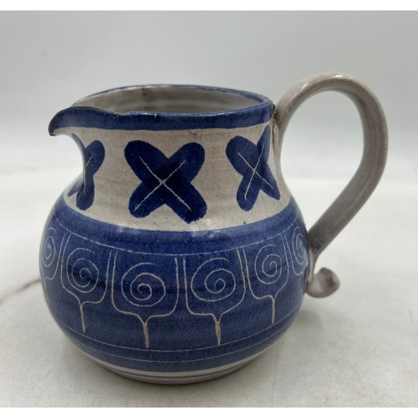 Blue White Ceramic Pitcher Creamer Small Decorative Hand Painted Swirl Floral