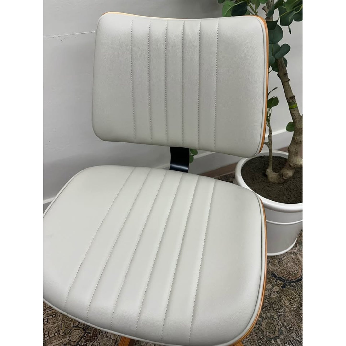 Will Office Chair Wood Base MCM Style Ivory Leather Upholstered Seat