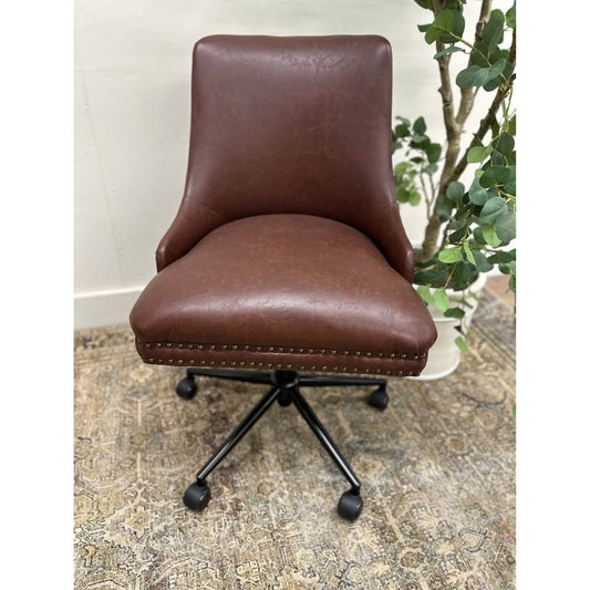 Idalia Task Chair-BROWN Studded Nailead Trim Vegan Leather Rolling Office Chair New Karat