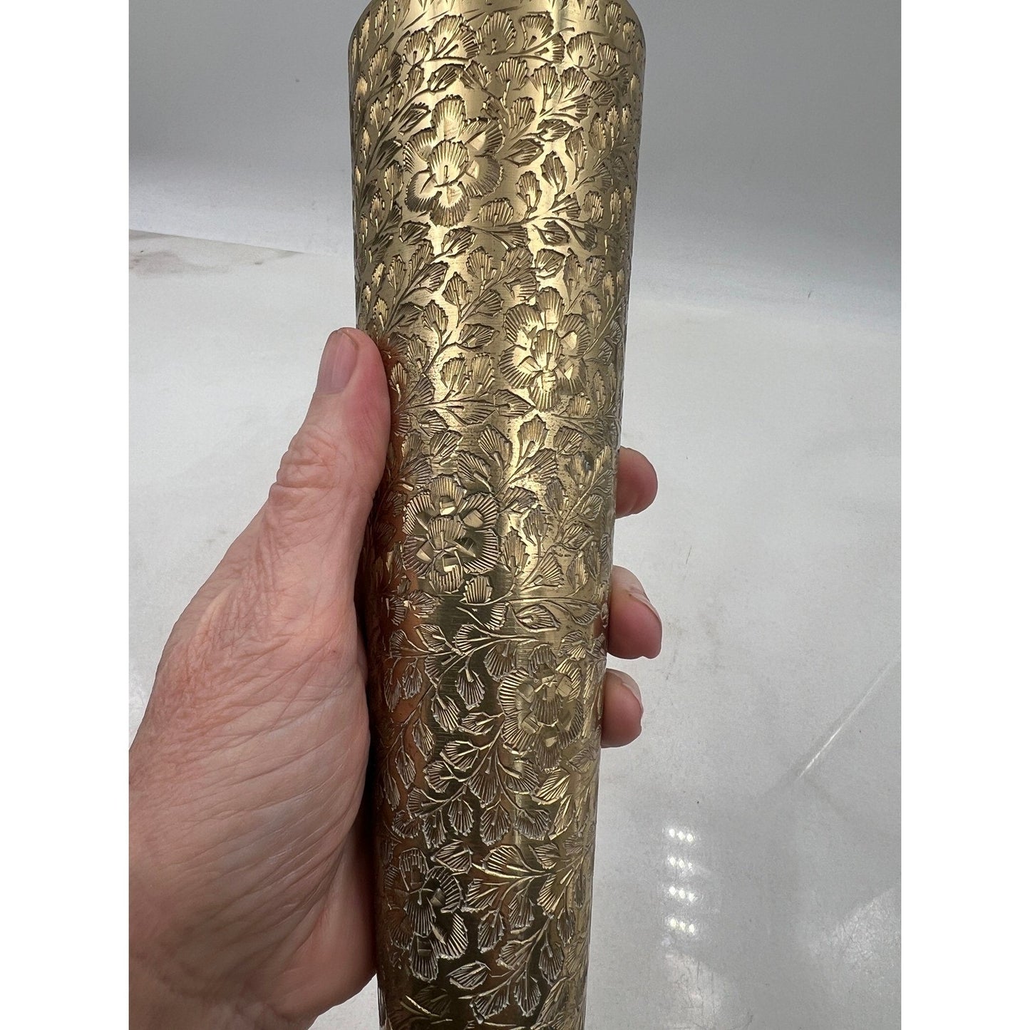 Vintage Brass Bud Vase Etched Floral Trumpet Pedestal Base India