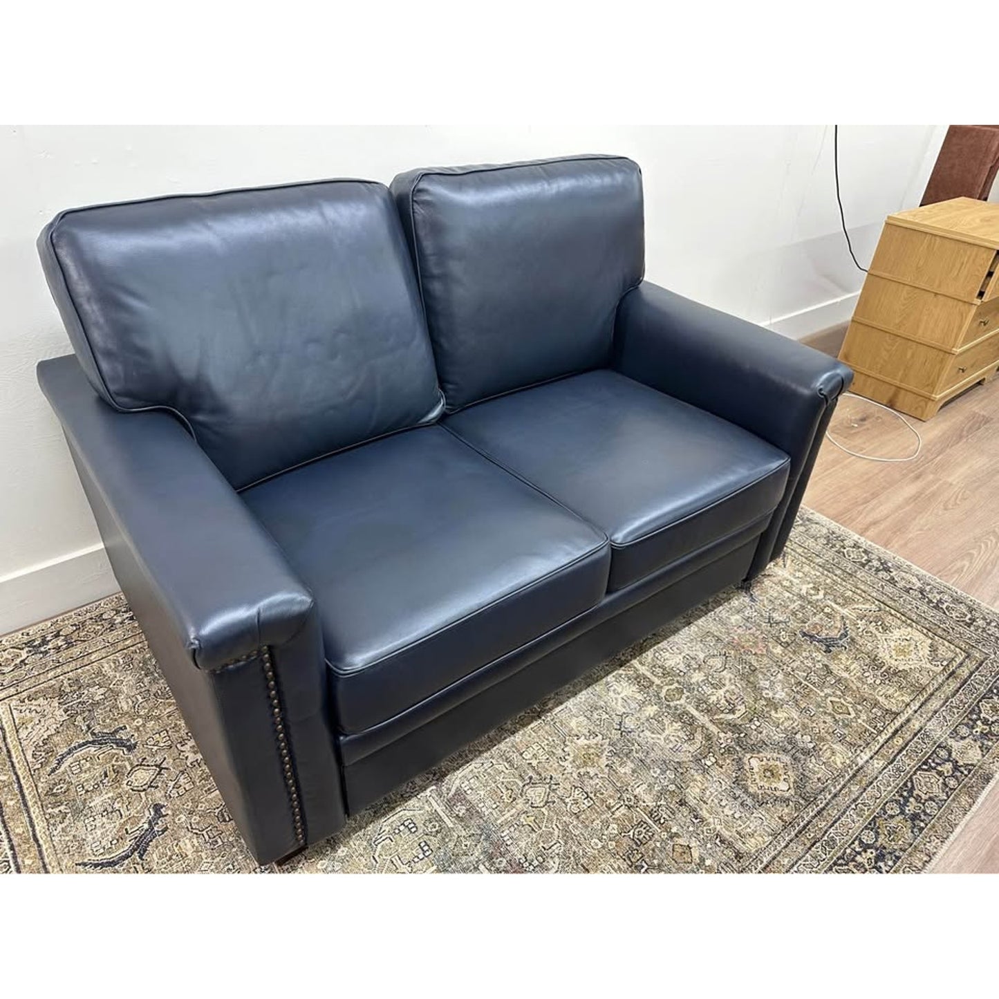 Lola 56" Wide Leather Sofa Navy Nail Head Couch