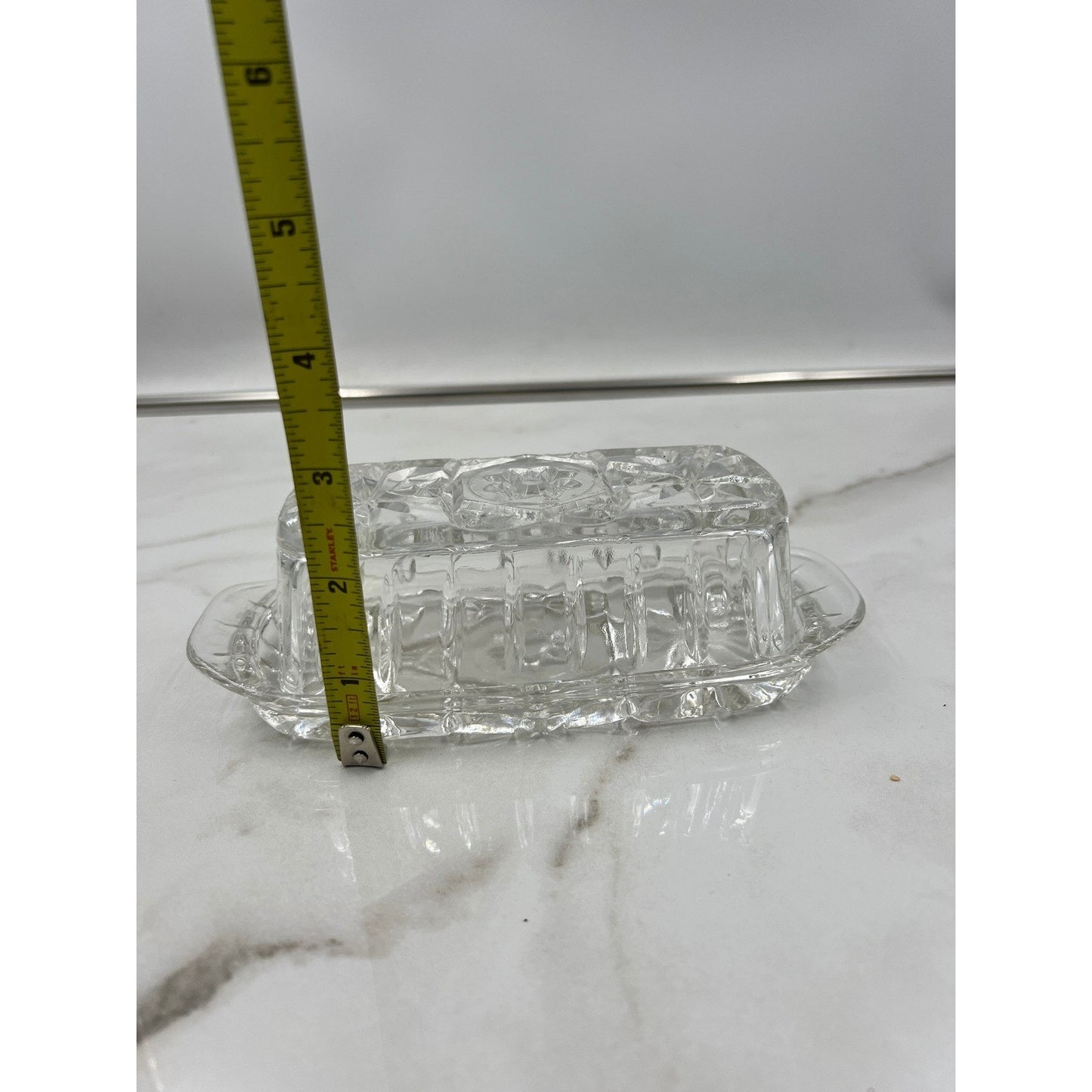 Butter Dish Vintage Clear Pressed Glass with Lid Starburst Diamond Pattern