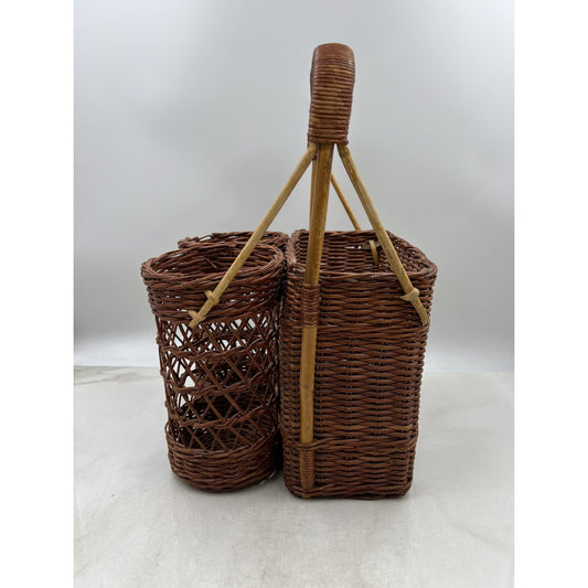 Vintage Wicker Bottle Carrier Picnic Basket Dual Cylinder Rectangular Compartmen