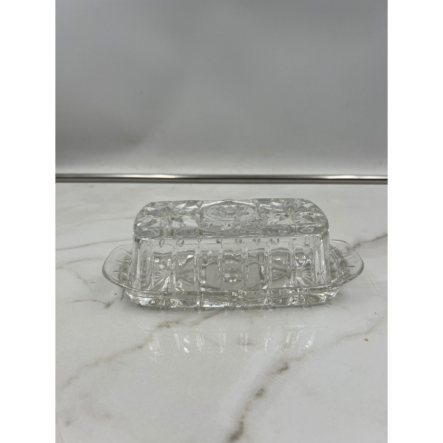 Butter Dish Vintage Clear Pressed Glass with Lid Starburst Diamond Pattern