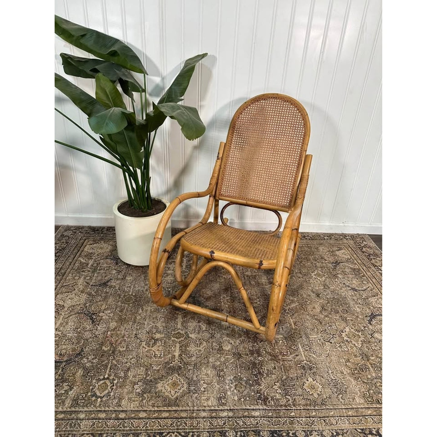Vintage Thonet Style Large Tortoise Bamboo Bentwood Cane Rattan Rocking Arm Chair