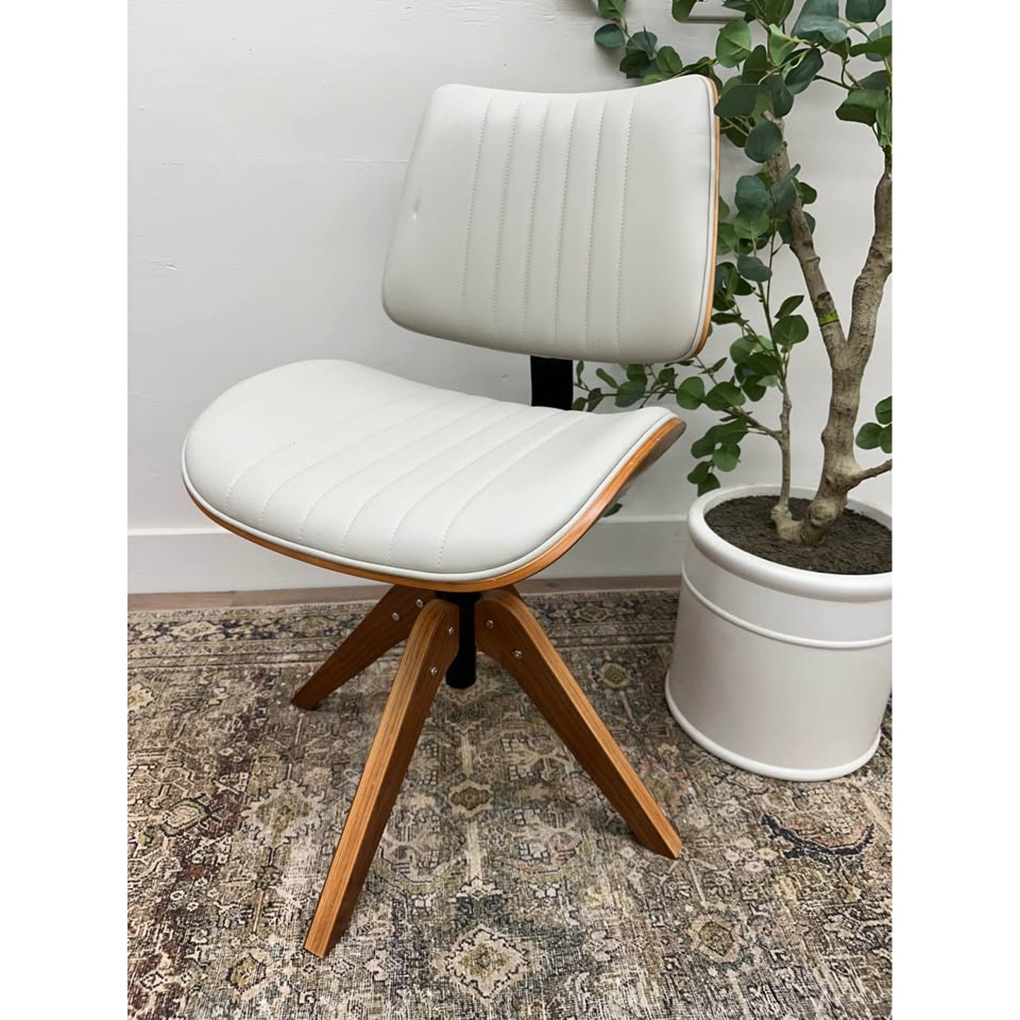 Will Office Chair Wood Base MCM Vibes Ivory Leather Upholstered Seat