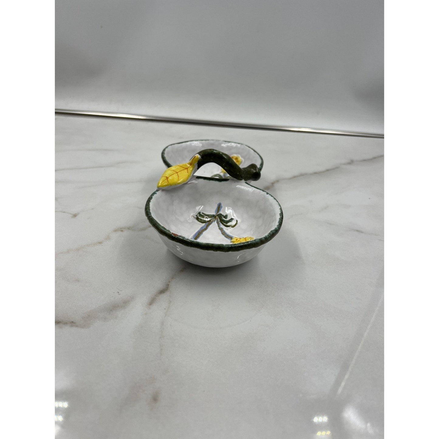 VTG Ceramic Divided Dish Italy Hand Painted Yellow Flowers Green Handle