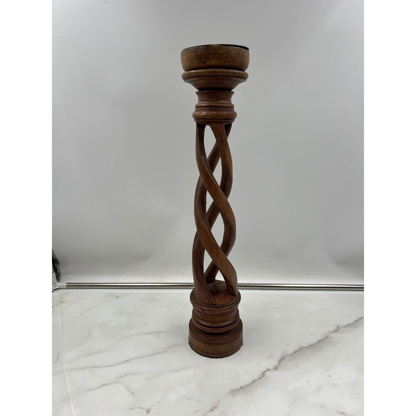 VTG Wooden Barley Twist Candlestick Holder Tall 18 Inch Spiral Carved Wood India