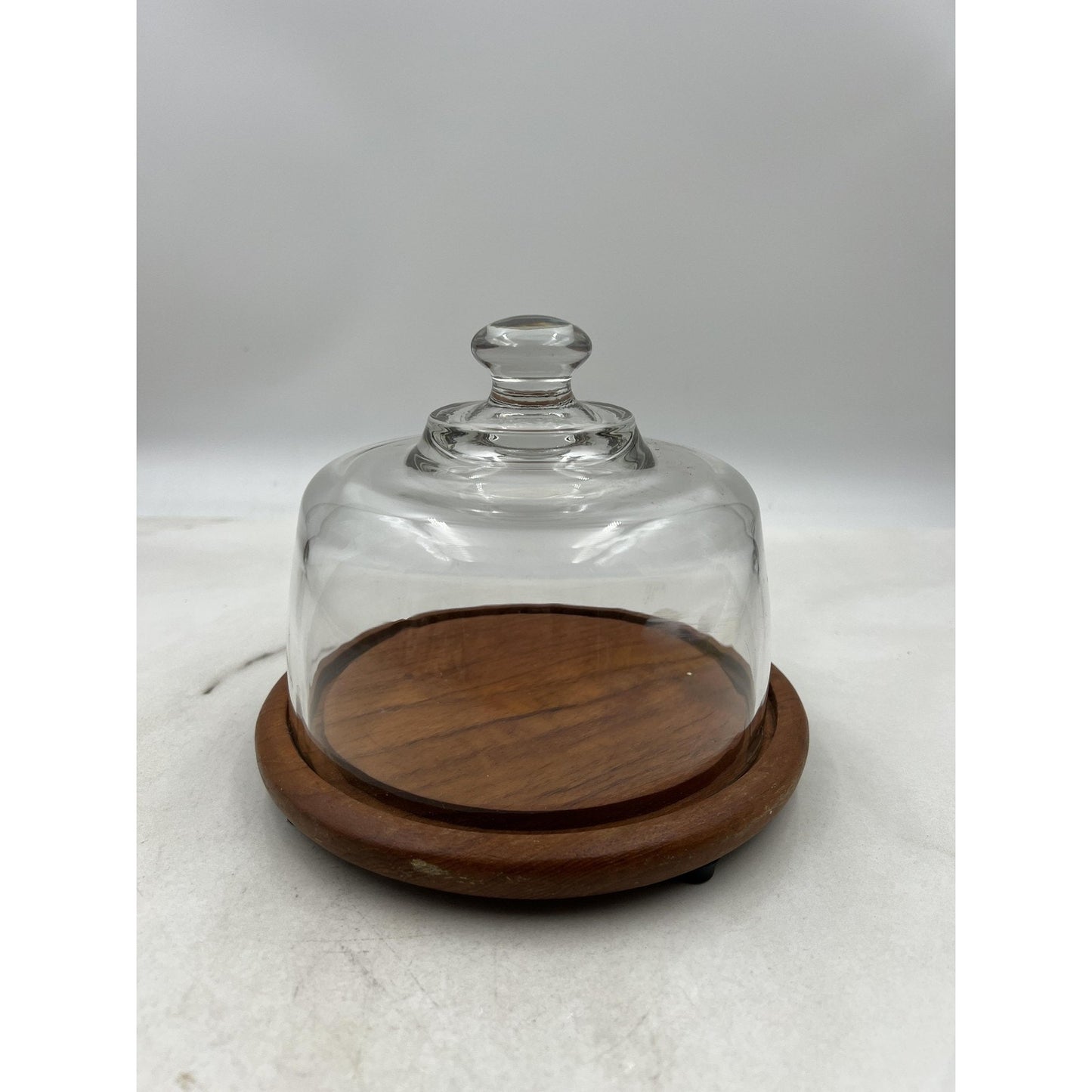 Vintage Dolphin Teakwood Cheese Board Glass Dome Cover Mid Century Modern 8 Inch