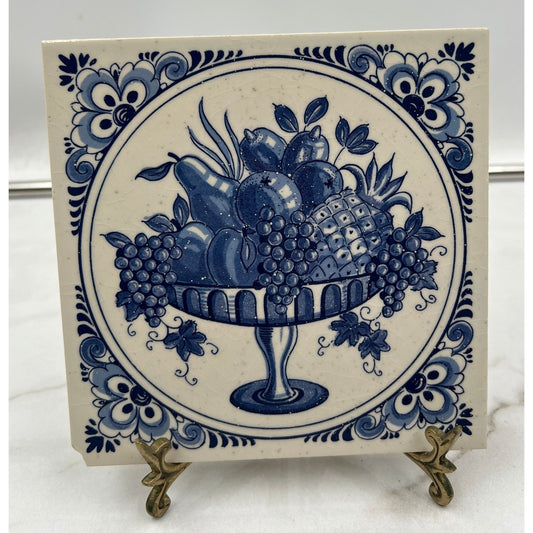 Delft Plateelbakkerij Schoonhoven Holland Blue White Fruit Ceramic Tile Vintage