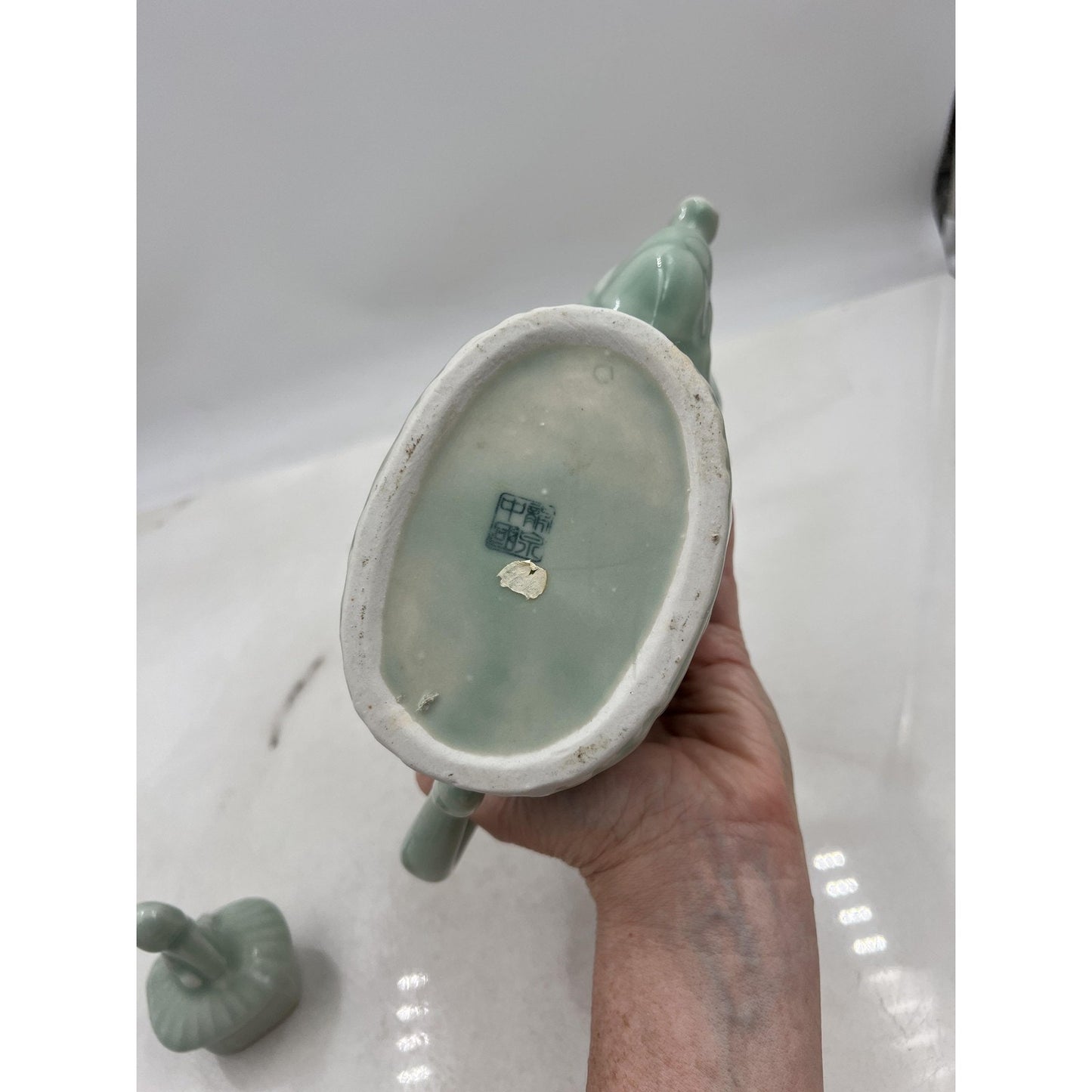 Celadon Porcelain Elephant Teapot Figural Lidded Pot Chinese Mark Relief Glaze
