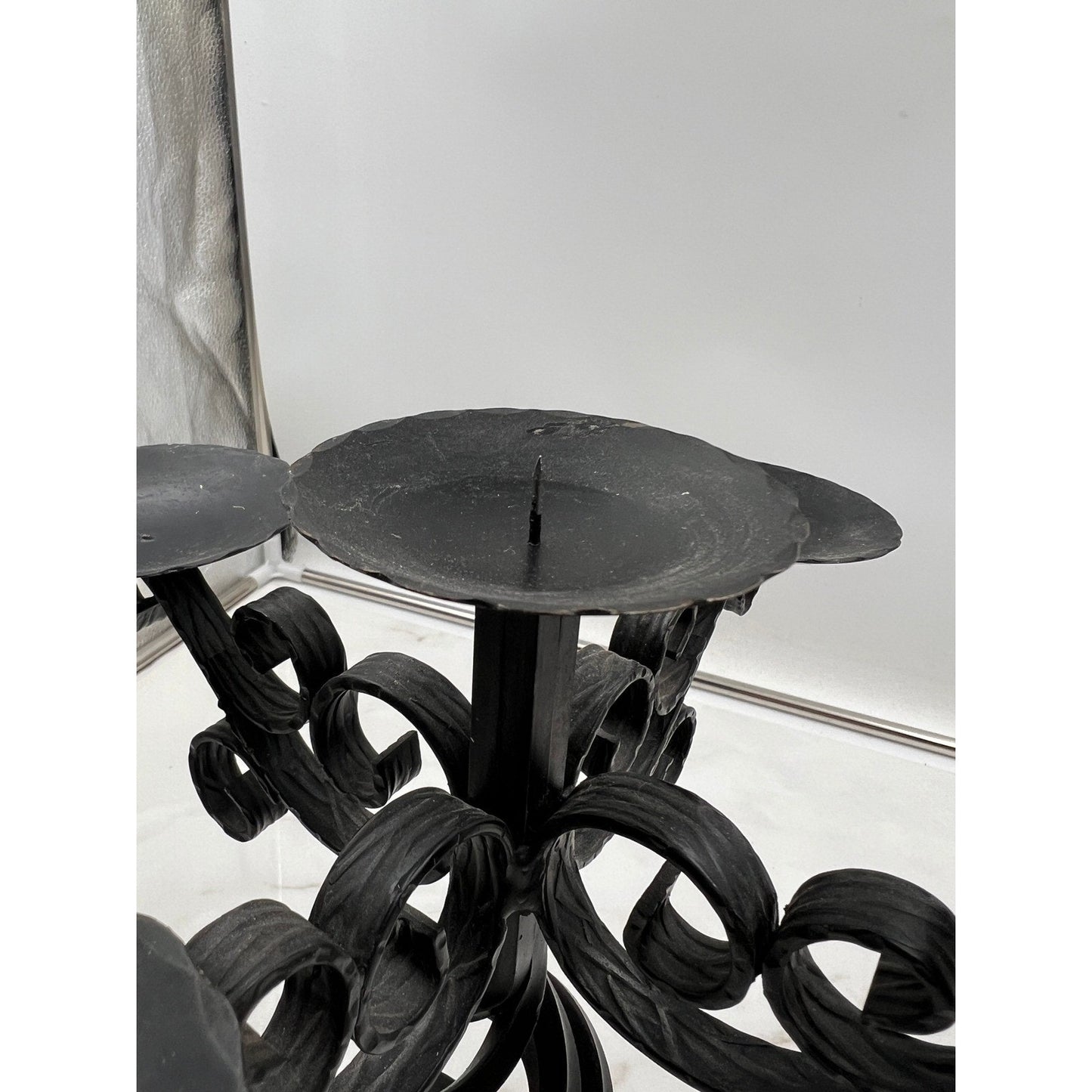 Vintage Wrought Iron 5 Light Candelabra Black Scroll Gothic Candle Holder 12in