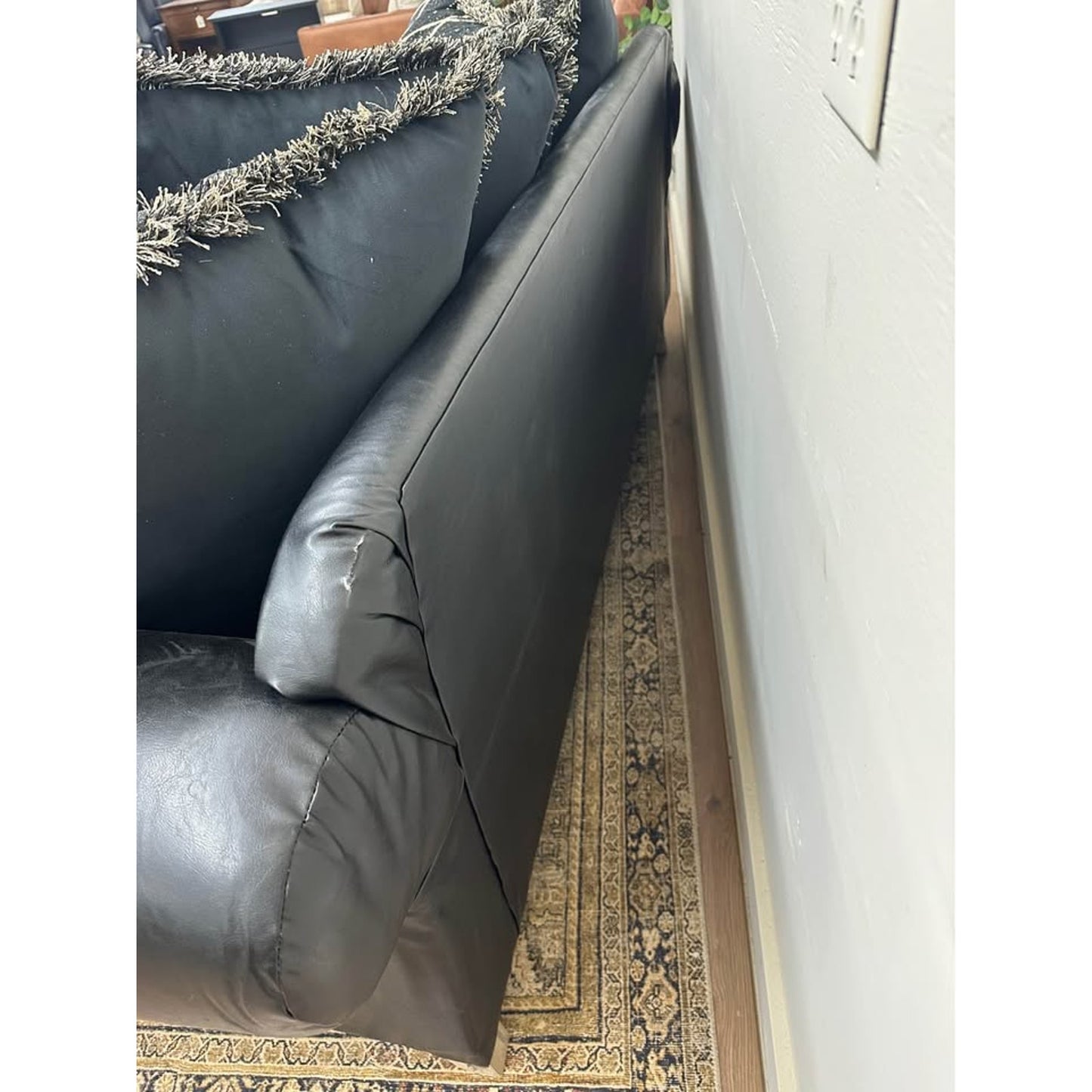 Bernardus Sofa Couch 2-Tone Fabric Wooden Frame Loveseat With Carved Wood Trim Black Gray