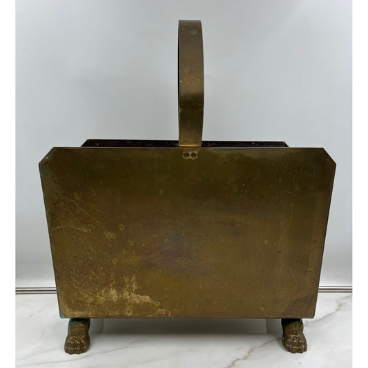 Vintage Brass Magazine Rack Lion Paw Feet Log Holder Hearth Decor Handle