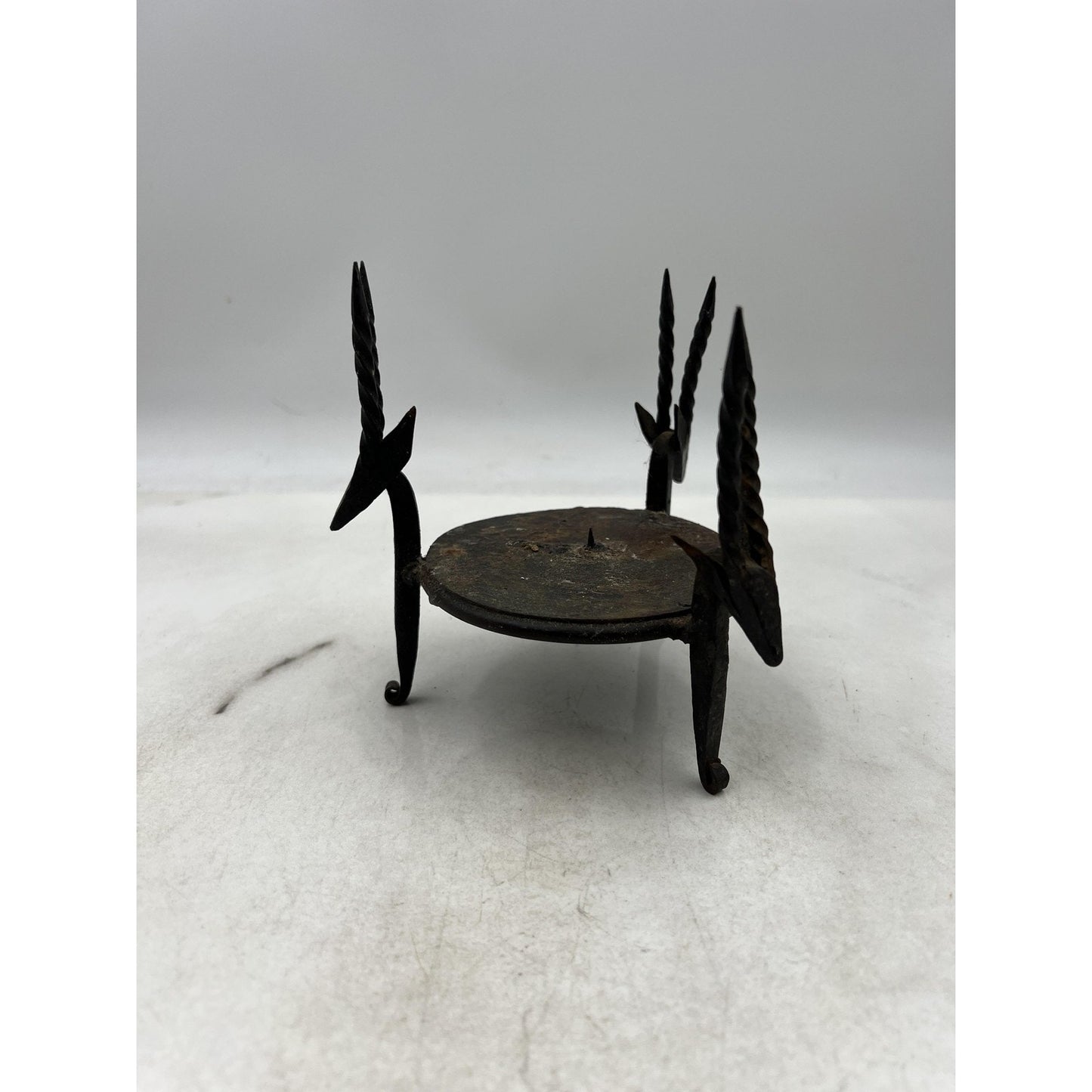 Hand Forged Wrought Iron Antelope Gazelle Heads Tripod Candle Holder Spike