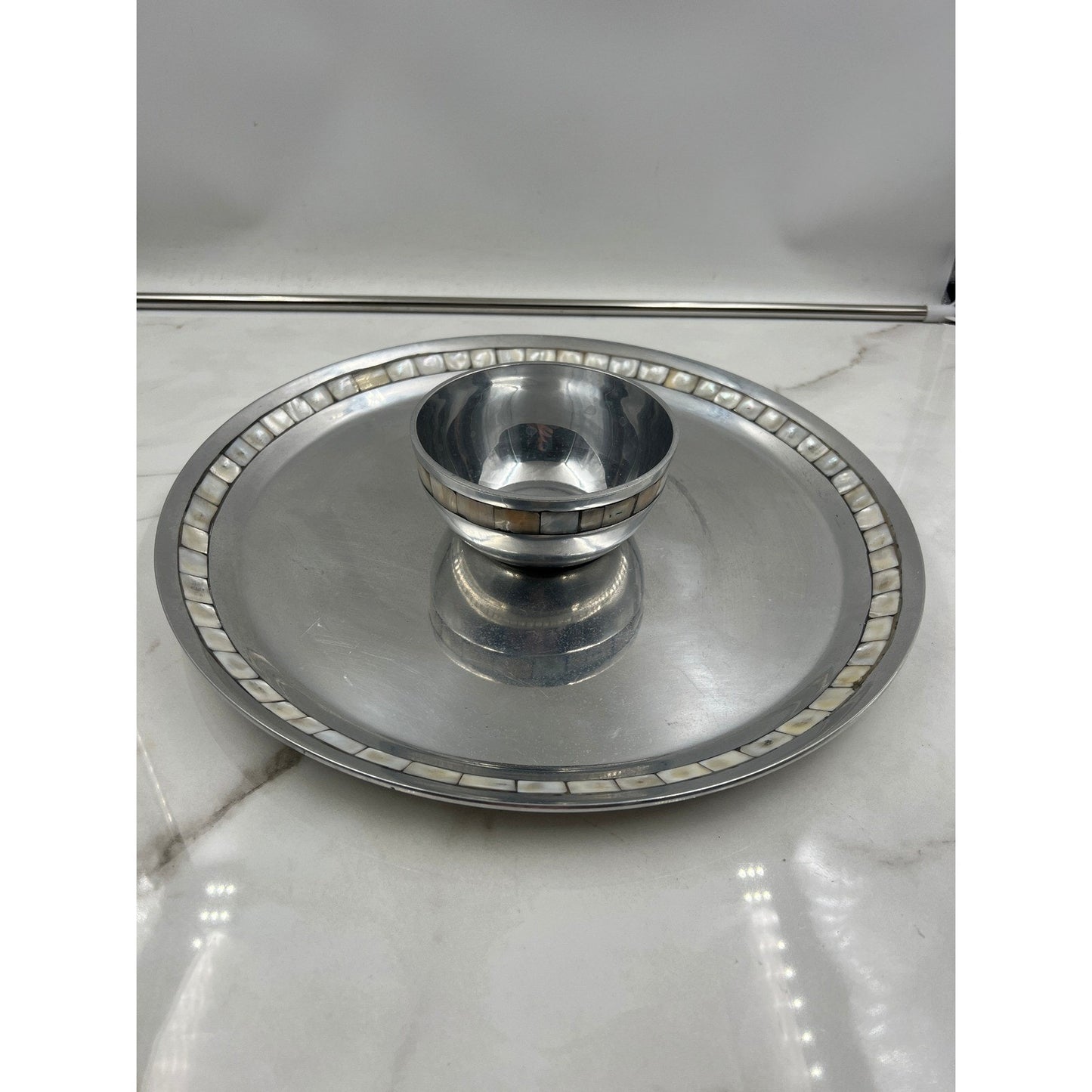 Towle Silversmiths Chip and Dip Serving Set Mother of Pearl Inlay Metal Platter