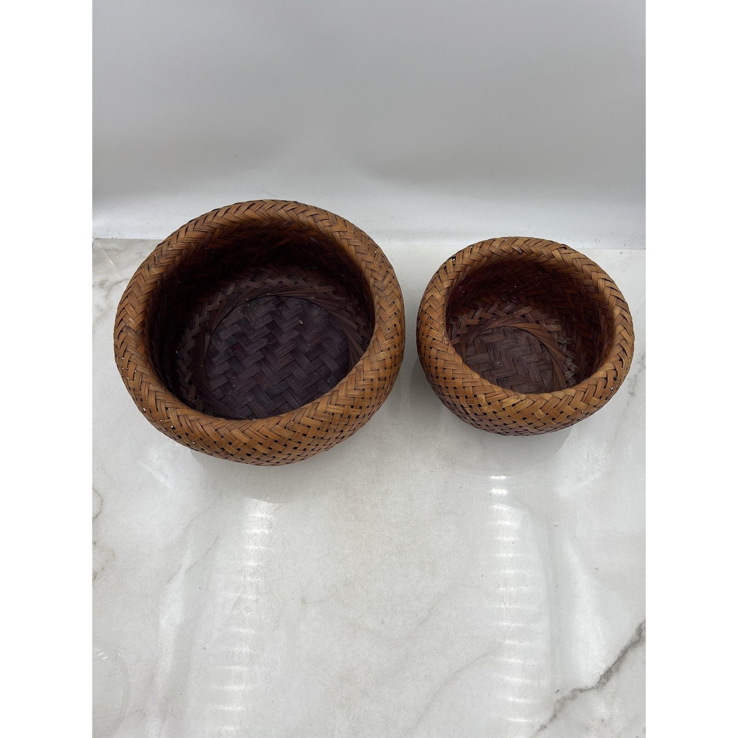 Handwoven Rattan Bamboo Wicker Basket Bowl Set Pair Nesting Boho Decor Round
