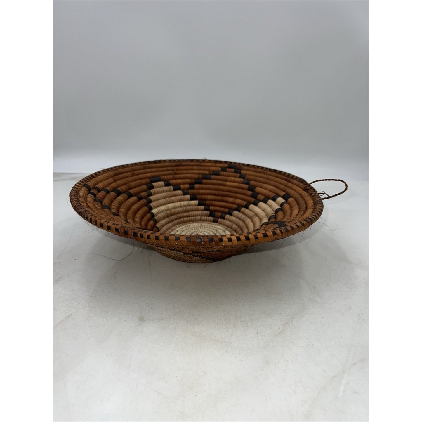 Vintage Coiled Hopi Indian Basket Tray Geometric Pattern Brown Tan Handles 12"