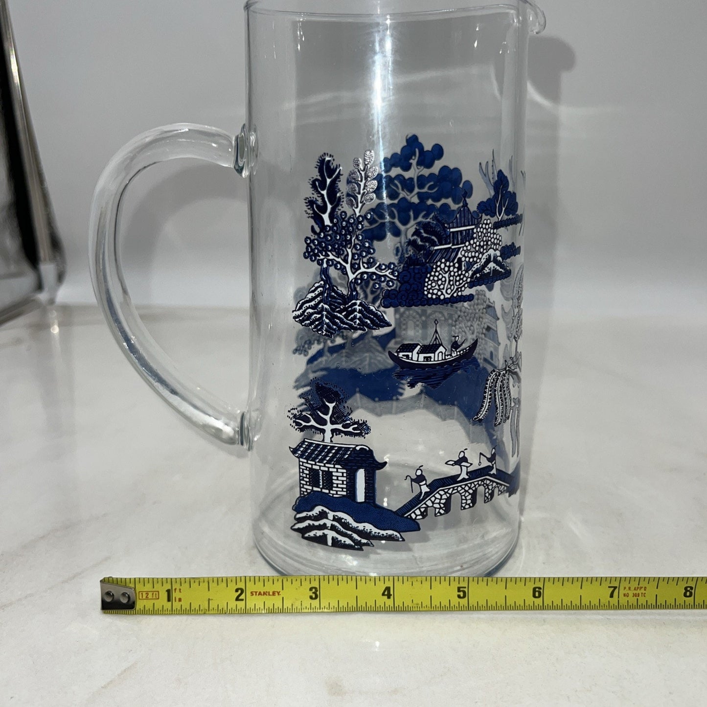 Vintage Glass Blue Willow Martini Pitcher w/ Applied Glass Handle