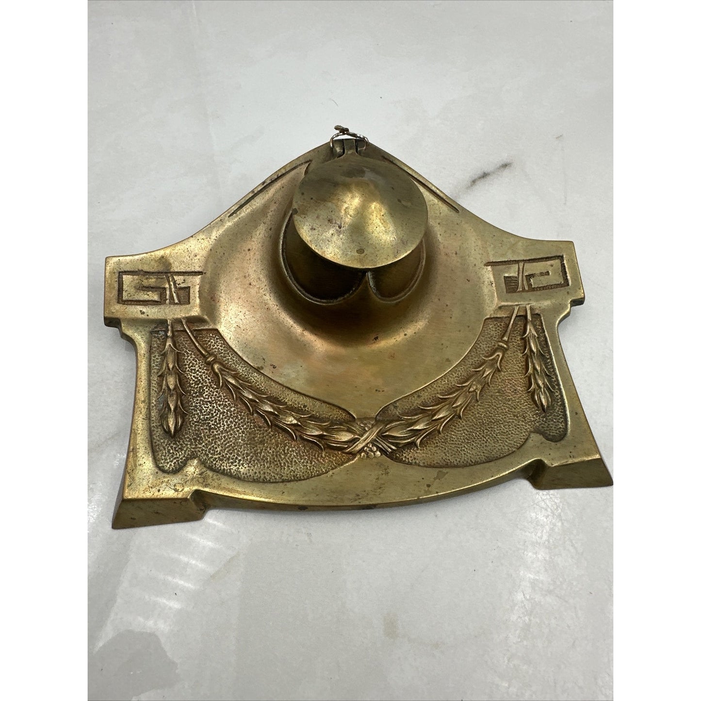 Antique Brass Double Inkwell and Stamp Stamper Art Nouveau Wheat Office Desk