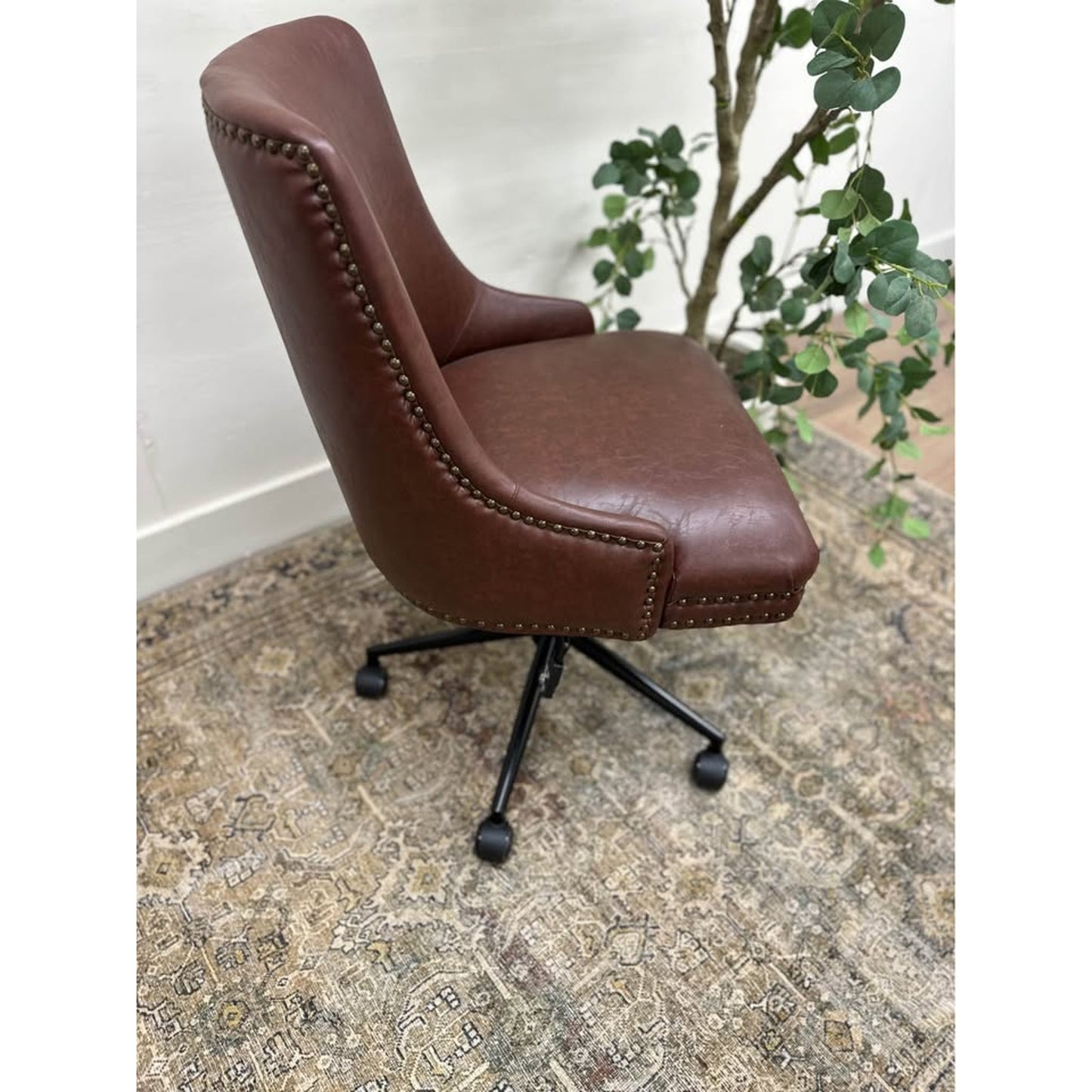 Idalia Task Chair-BROWN Studded Nailead Trim Vegan Leather Rolling Office Chair New Karat