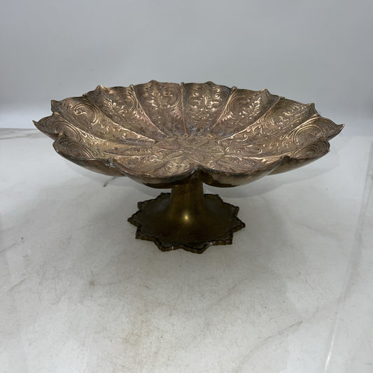 Vintage Brass Pedestal Bowl Scalloped Flower Design Engraved Home Decor