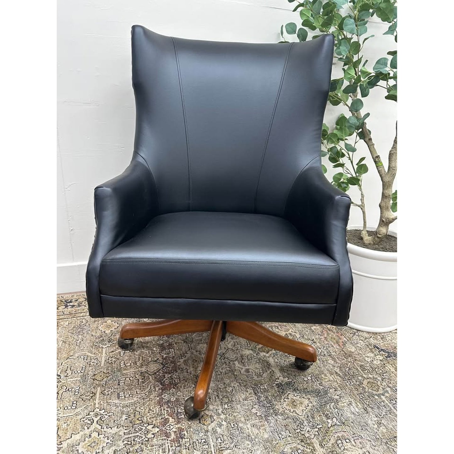Leon Office Chair-BLACK Vegan Leather Nailhead Trim Executive Rolling Wood Base Desk