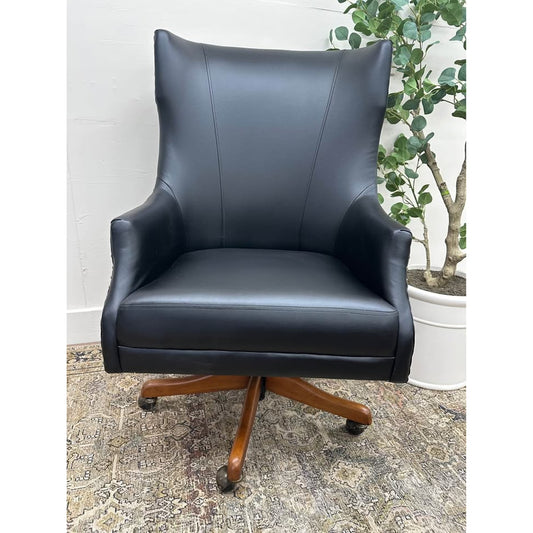 Leon Office Chair-BLACK Vegan Leather Nailhead Trim Executive Rolling Wood Base Desk