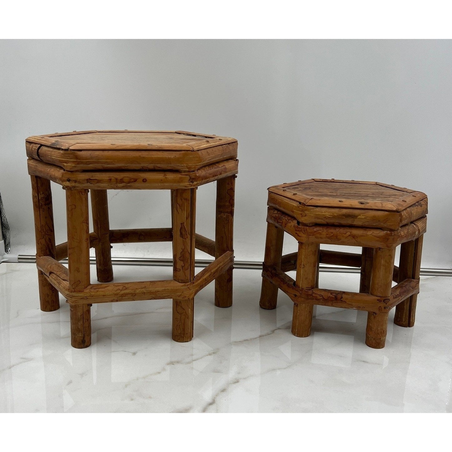 Vintage Tortoise Bamboo Octagon Stool Plant Stand Stackable Set of 2