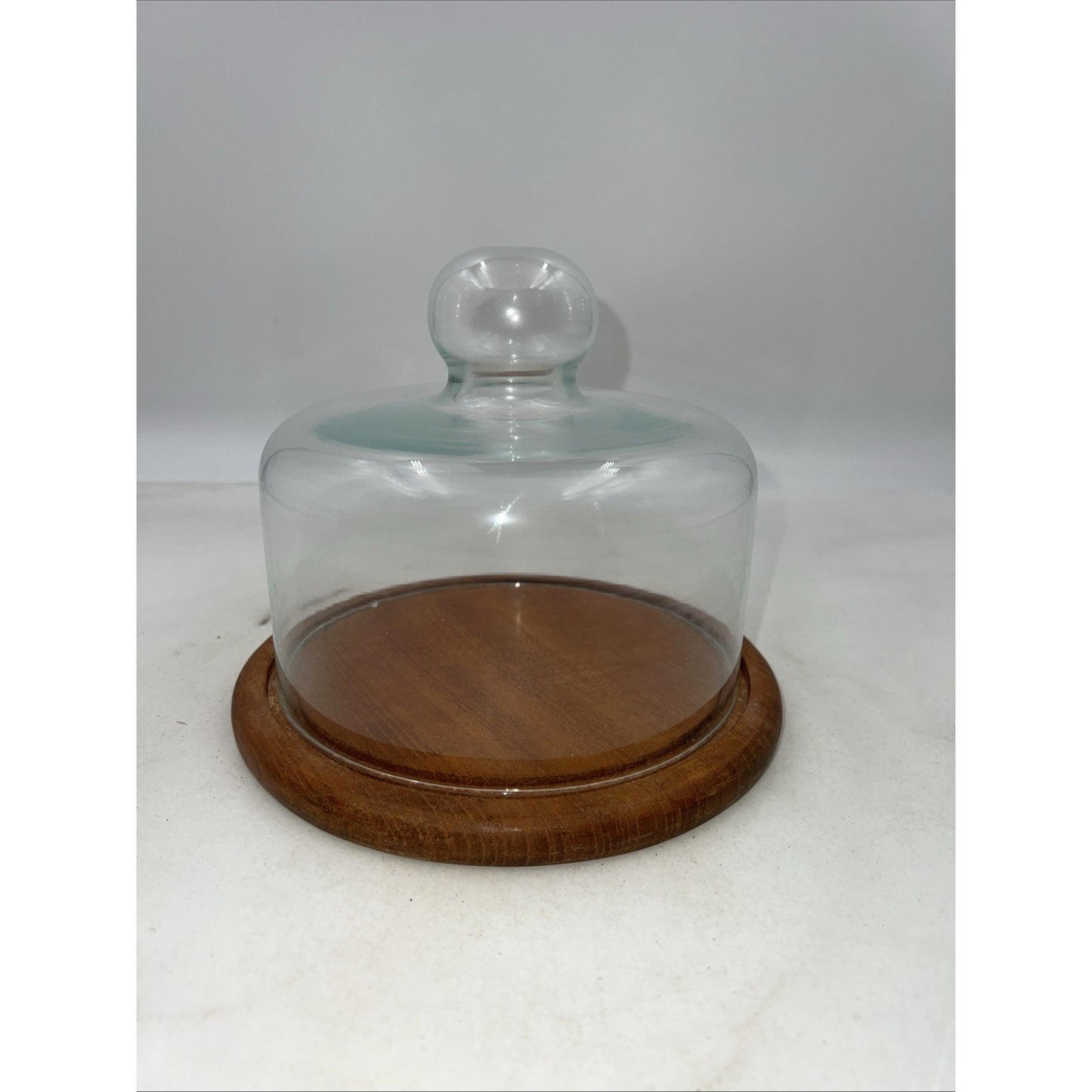 VTG Dolphin Teakwood Cheese Tray Dome Cloche Covered Glass Serving Dish