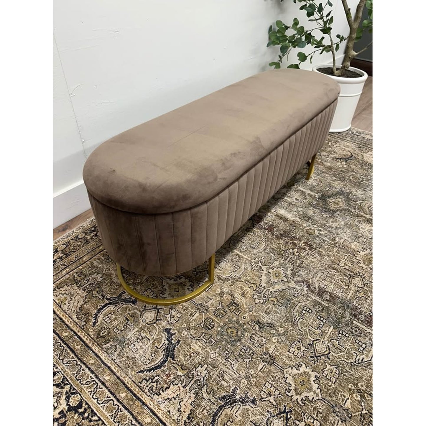 Paula 51" Wide Storage Bench-BROWN Gold Legs Oval Channel Tufting Velvet NEW Karat Home