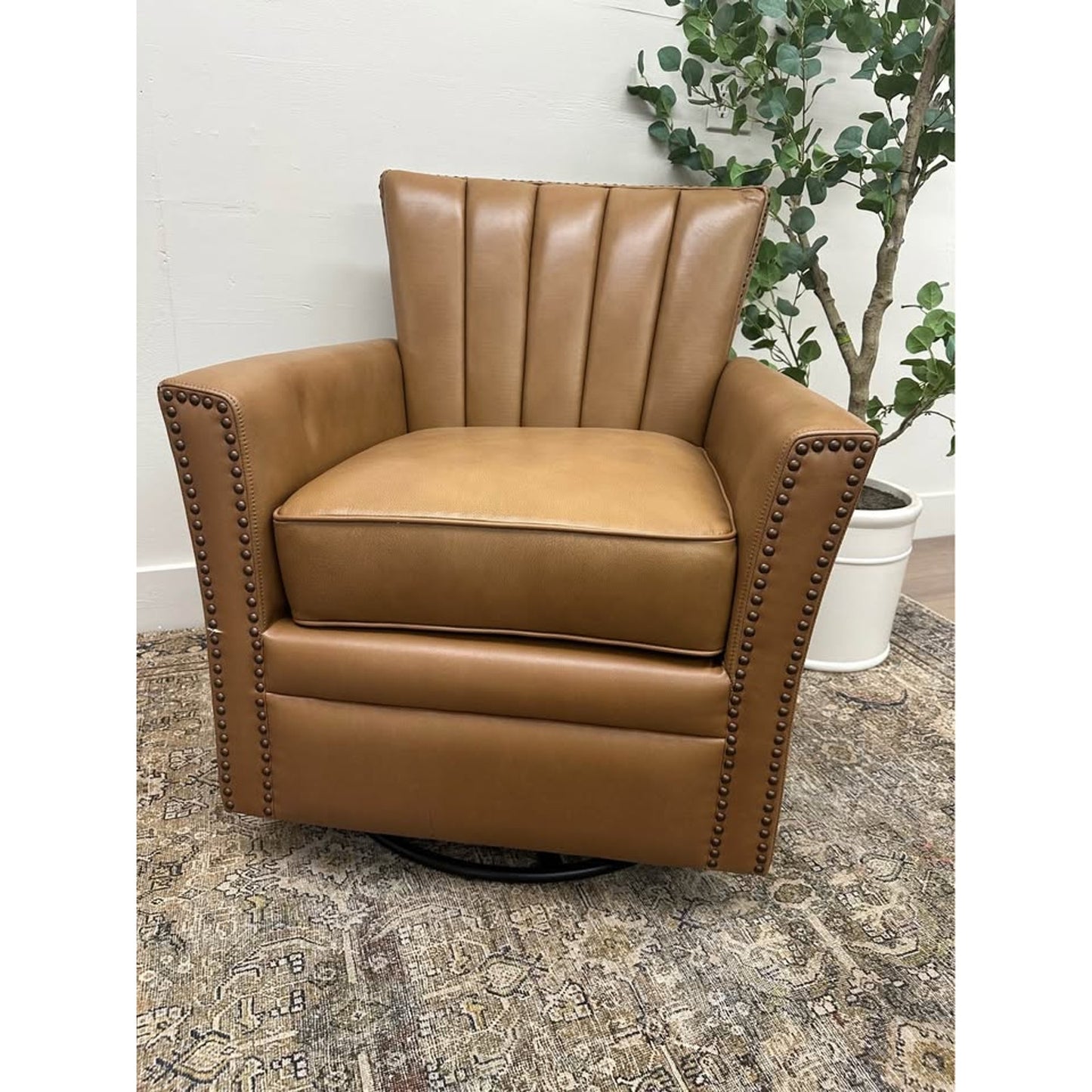 Kalai Genuine Leather Swivel Chair-CAMEL Color Nail Head Trim Arm Chair New Karat Home