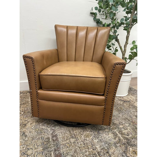 Kalai Genuine Leather Swivel Chair-CAMEL Color Nail Head Trim Arm Chair New Karat Home