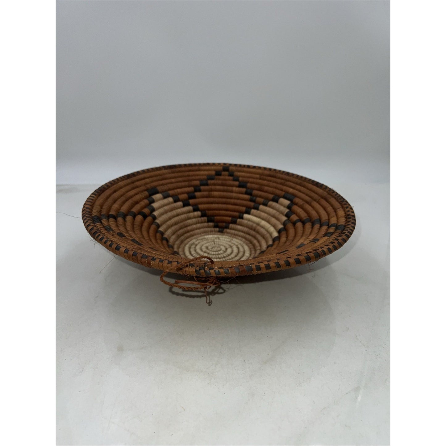 Vintage Coiled Hopi Indian Basket Tray Geometric Pattern Brown Tan Handles 12"