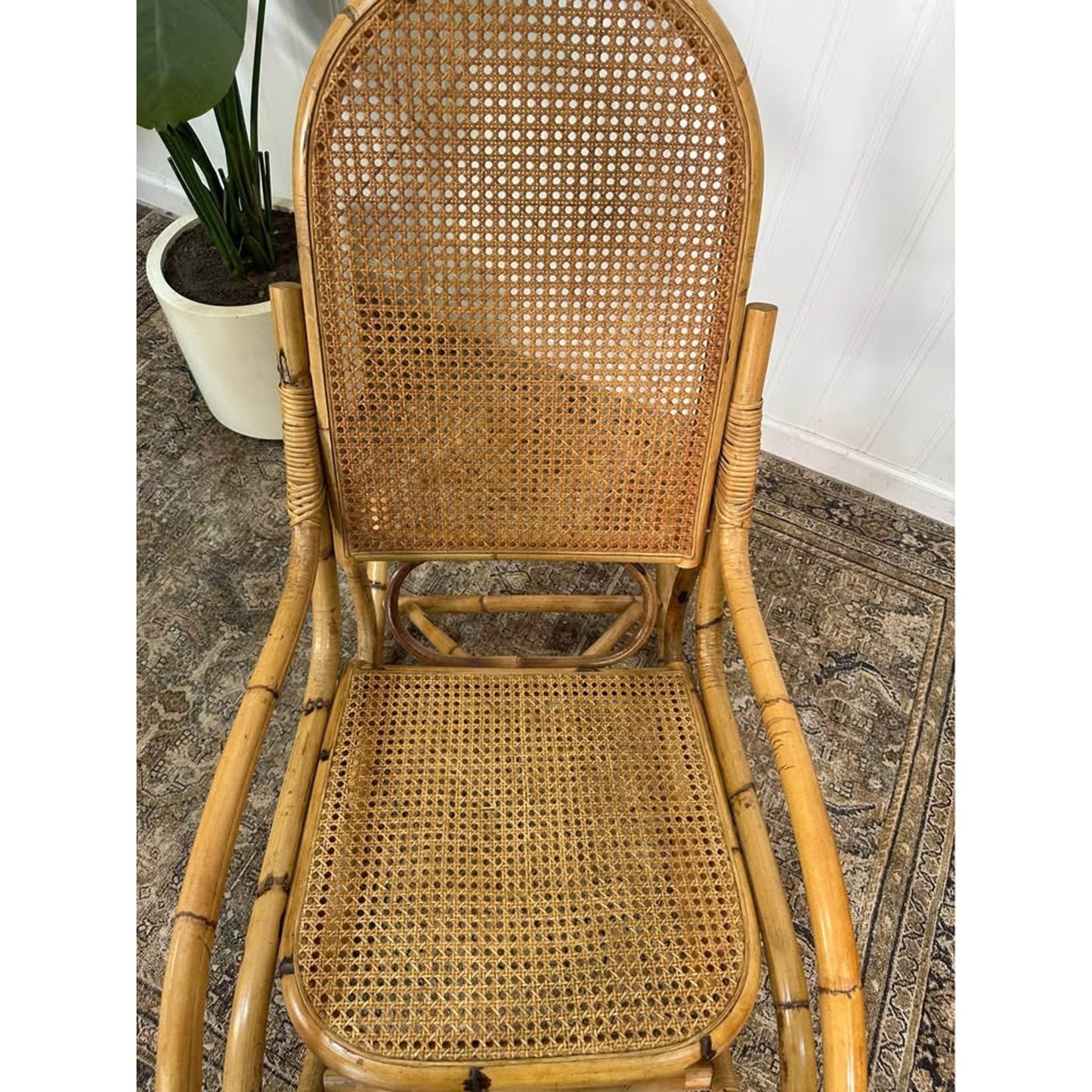 Vintage Thonet Style Large Tortoise Bamboo Bentwood Cane Rattan Rocking Arm Chair