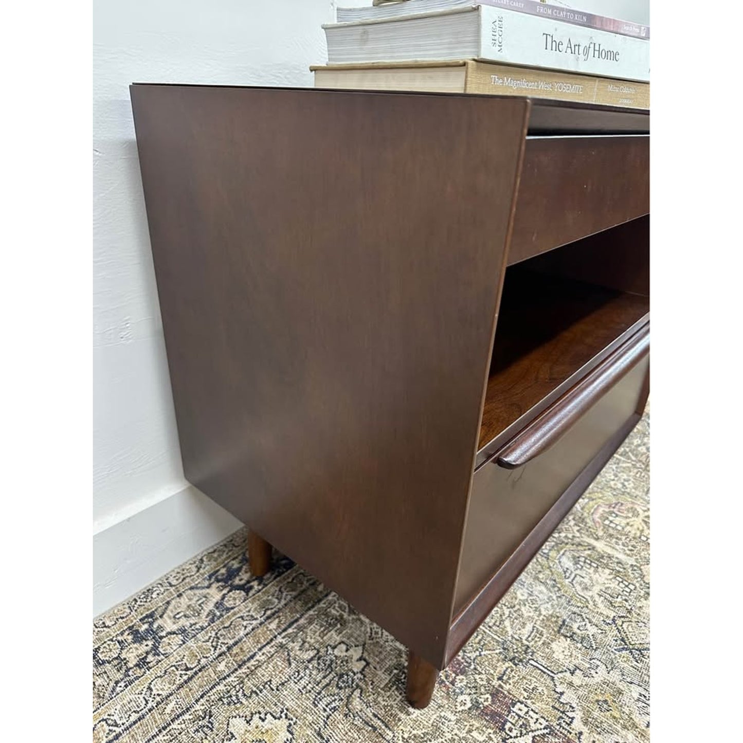 Valentin 2 - Drawer Nightstand Built-In Outlets Dark Wood MCM Style