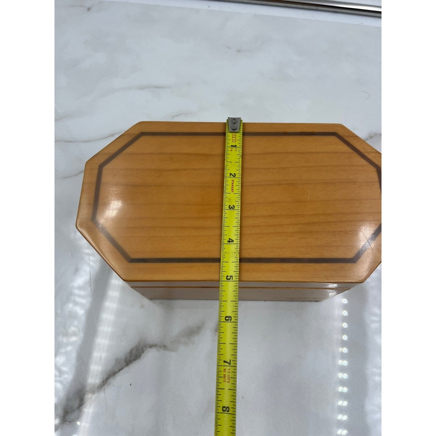Vintage Octagon Wood Jewelry Box Inlay Detail and Removable Tray Brown Velvet