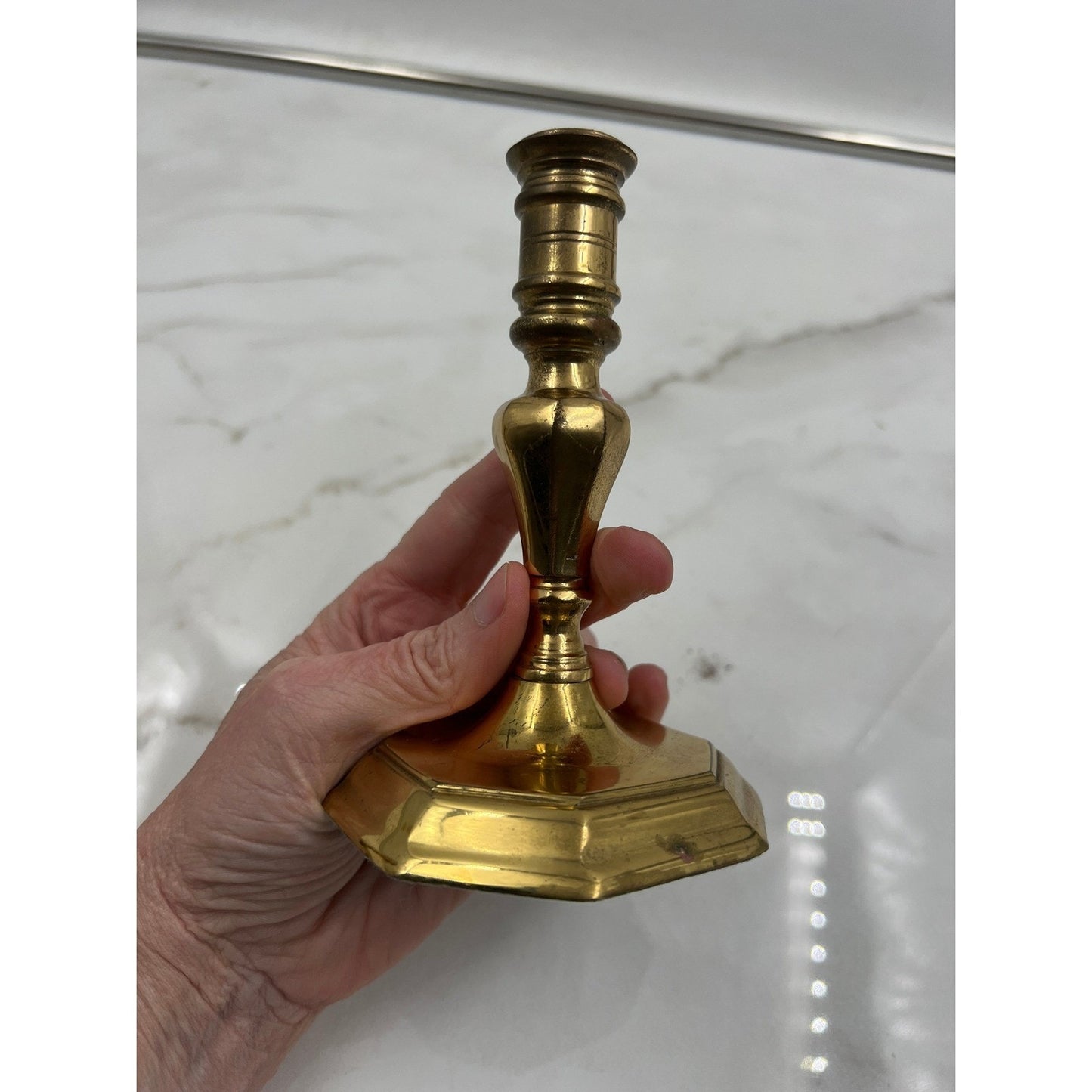 VTG Brass Candlesticks Holders Turned Hexagonal Base Set of 2