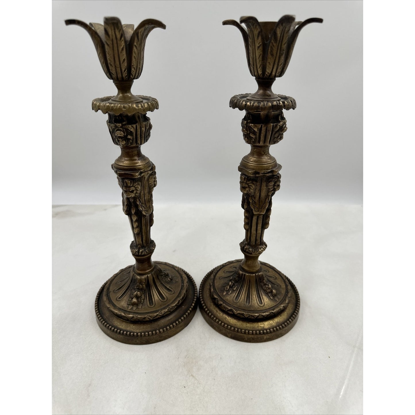 Vintage Brass Castilian Candle Holders Solid 12'' Lion Heads Set of 2