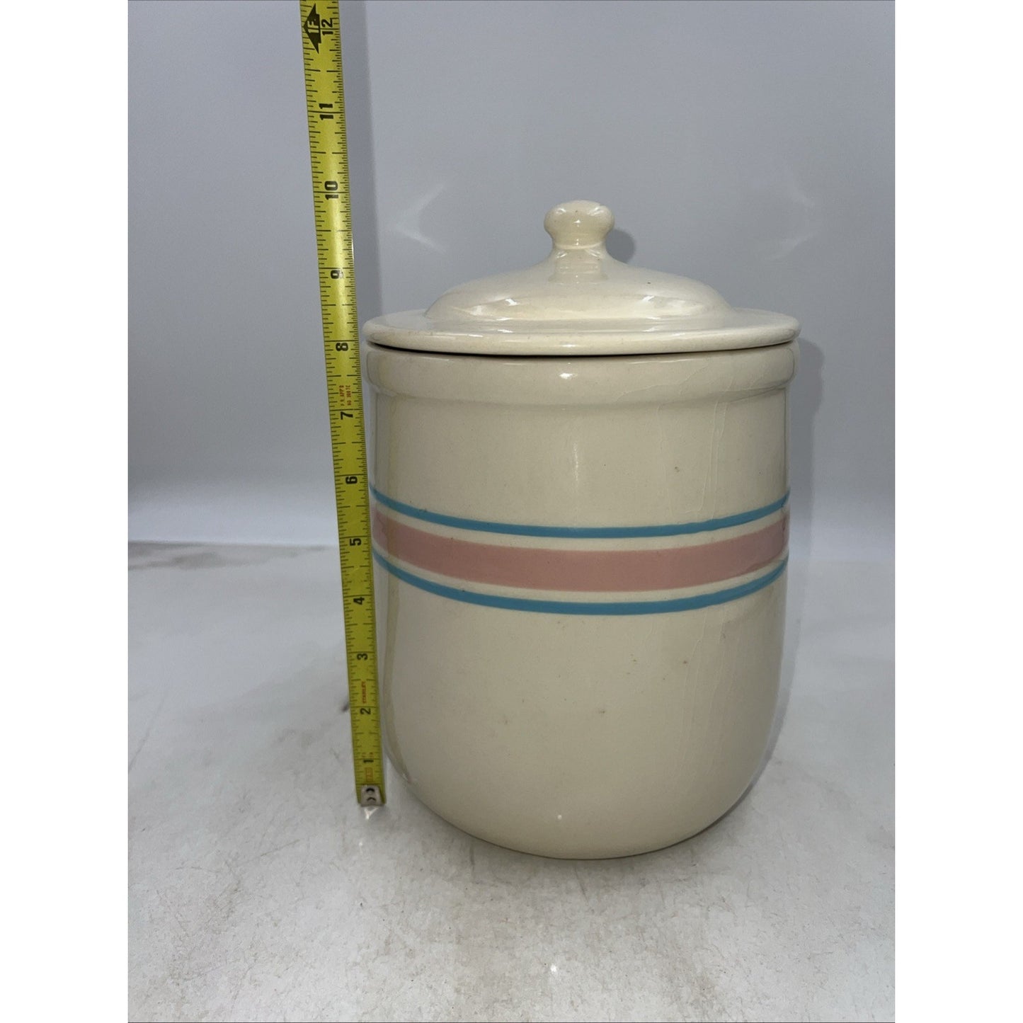 VTG McCoy Pottery Cannister w/ Lid Large Cookie Jar USA Blue and Pink Band 10"
