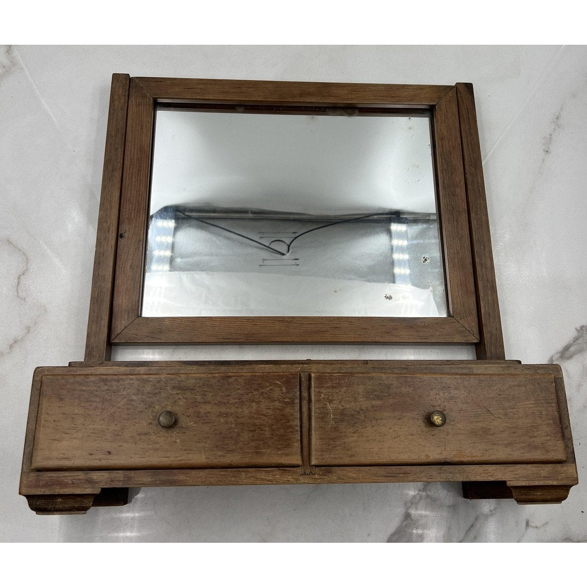 Vintage Wooden Vanity Mirror Box 2 Drawer Dresser Top Swivel Shaving Makeup 18"