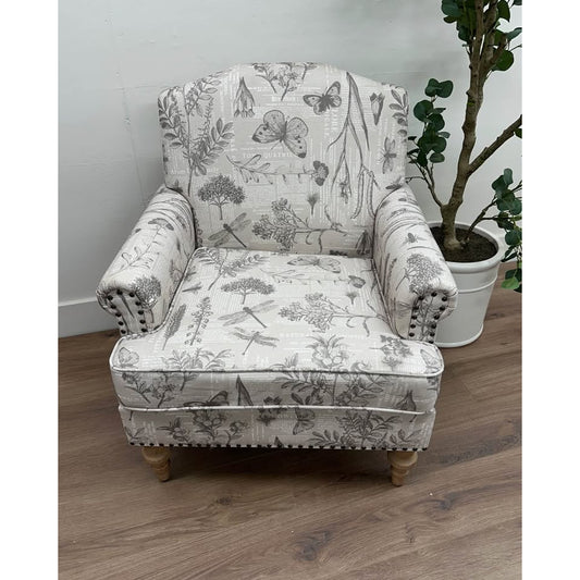 Raphael Armchair-GREY Butterflies Dragonflies Upholstered Nail Head Trim New Karat Home