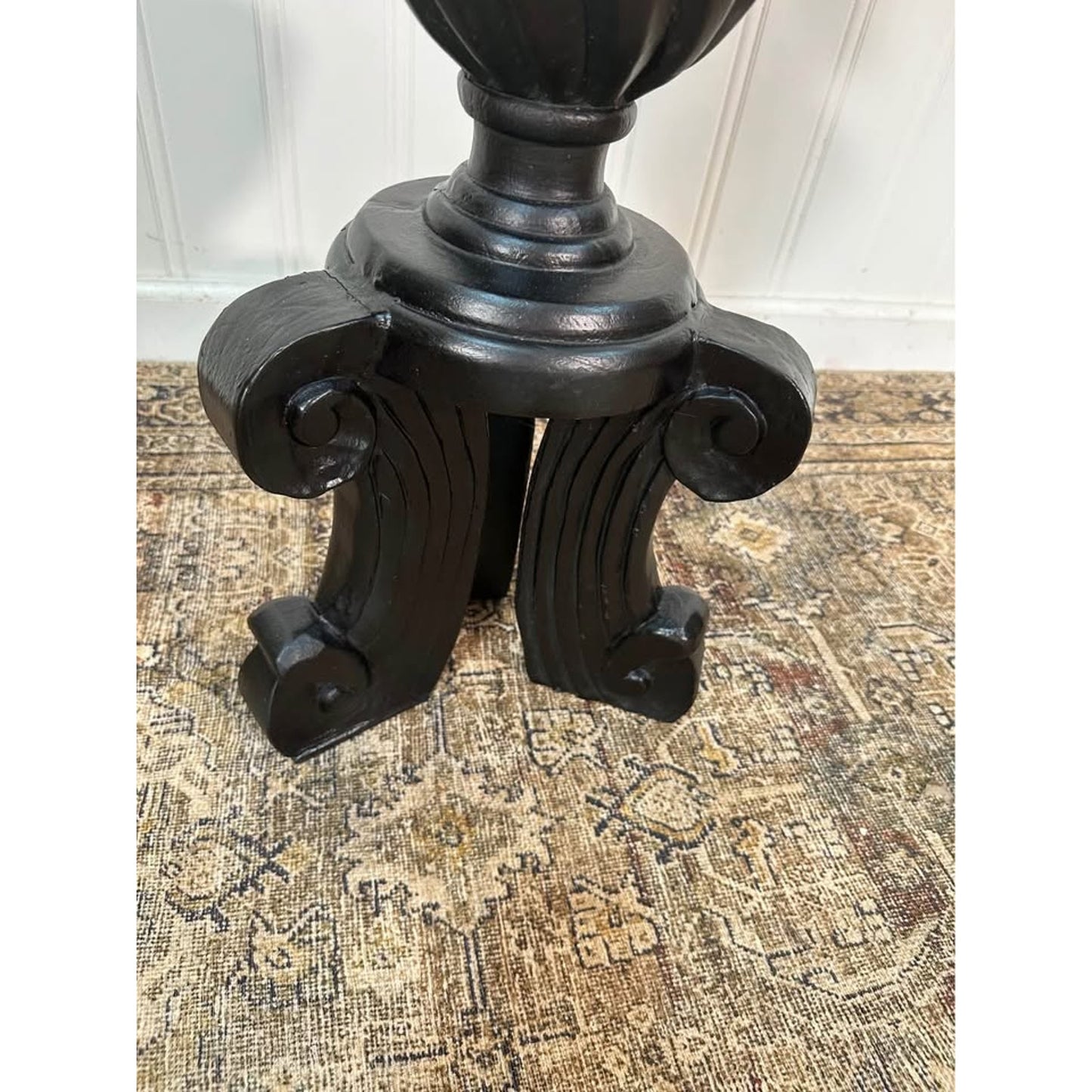 VTG Wood Carved Ornate Tall Black Painted Wood Pillar Candle Holder Plant Stand