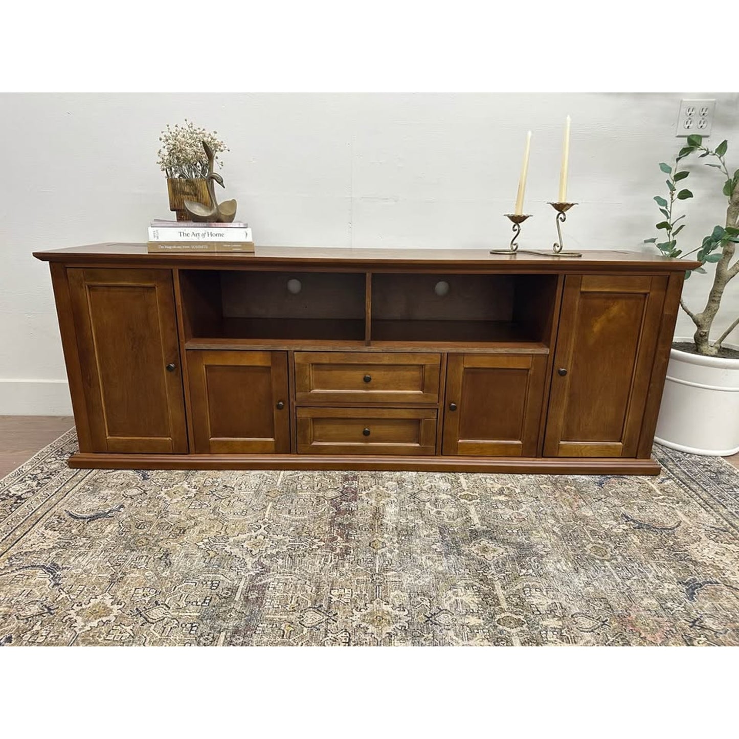 Tessa Traditional Storage TV Stand Wood Console Entertainment Built-in Outlets