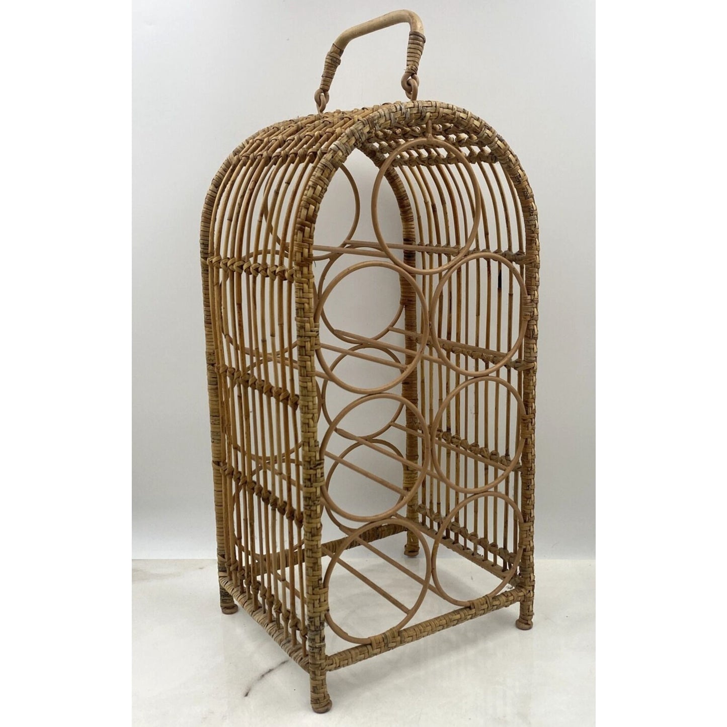 VTG Wicker Wine Rack Freestanding 7 Bottle Bamboo Holder 18" Tall Boho Hippie