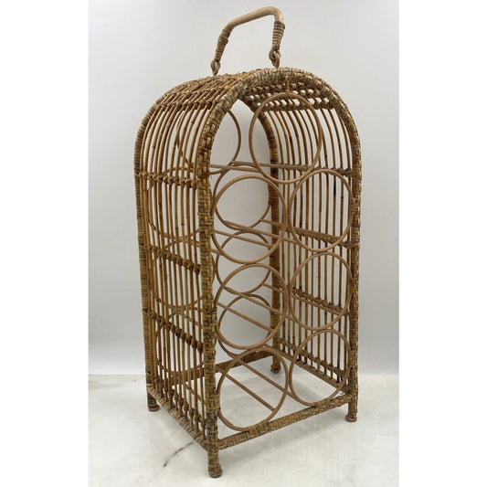 VTG Wicker Wine Rack Freestanding 7 Bottle Bamboo Holder 18" Tall Boho Hippie