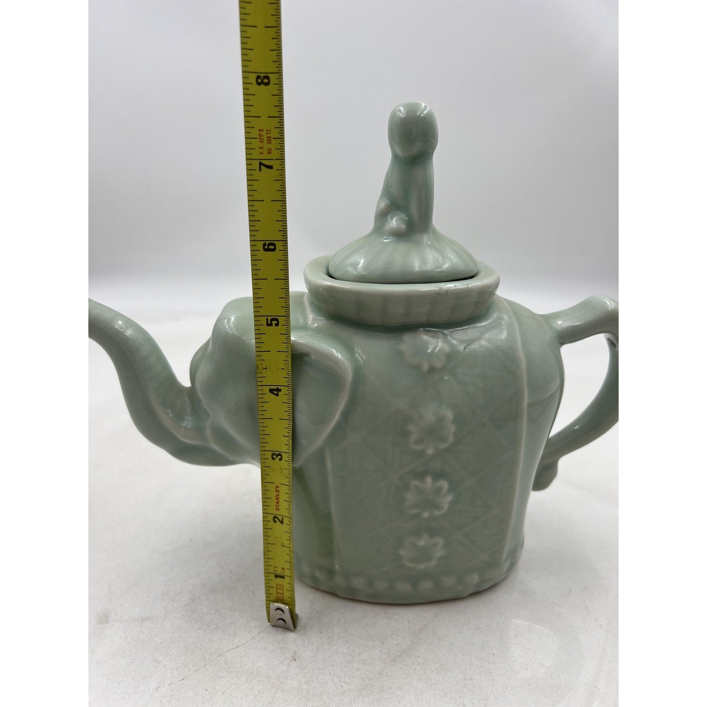 Celadon Porcelain Elephant Teapot Figural Lidded Pot Chinese Mark Relief Glaze