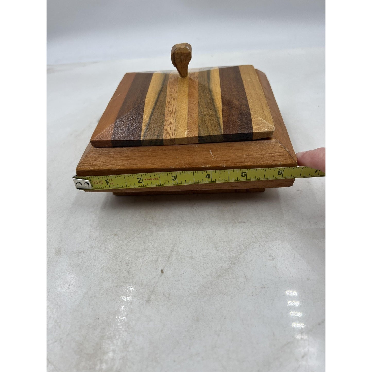 Vintage Handmade Striped Wood Jewelry Box Velvet Lined Lid Geometric Square 6"